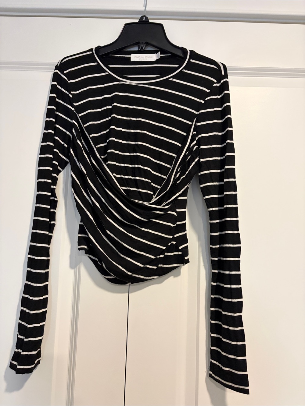 Jonathan Simkhai Black & White Striped Long-Sleeve Draped Top